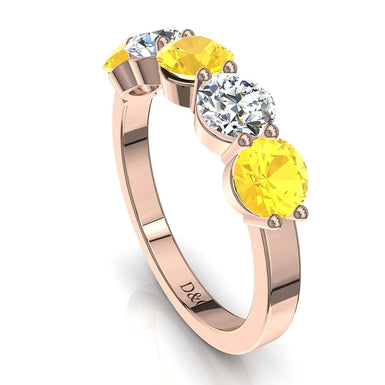 Demi-alliance 5 saphirs jaunes ronds et diamants ronds 0.50 carat Adia A / SI / Or Rose 18 carats