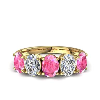 Mezza fede 5 zaffiri rosa ovali e diamanti ovali 1.00 carati Tamara A / SI / Oro giallo 18 carati