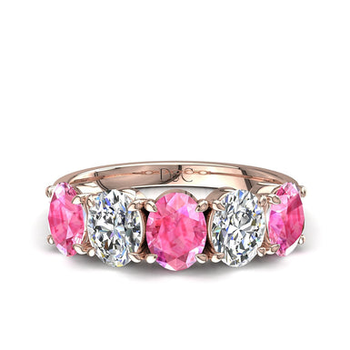 Mezza fede 5 zaffiri rosa ovali e diamanti ovali 1.00 carati Tamara A / SI / Oro rosa 18 carati