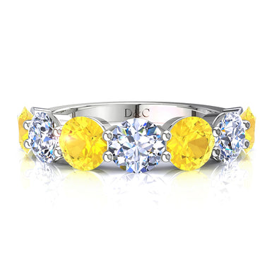 Demi-alliance 7 saphirs jaunes ronds et diamants ronds 0.35 carat Adia A / SI / Platine