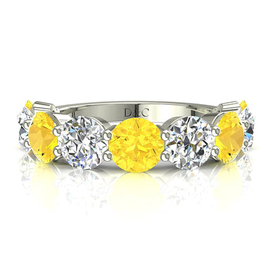 Demi-alliance 9 saphirs jaunes ronds et diamants ronds 0.45 carat Adia A / SI / Or Blanc 18 carats