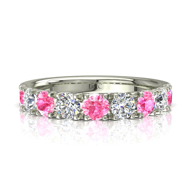Mezza fede 9 zaffiri rosa tondi e diamanti tondi 0.45 carati Adelia A / SI / Platino