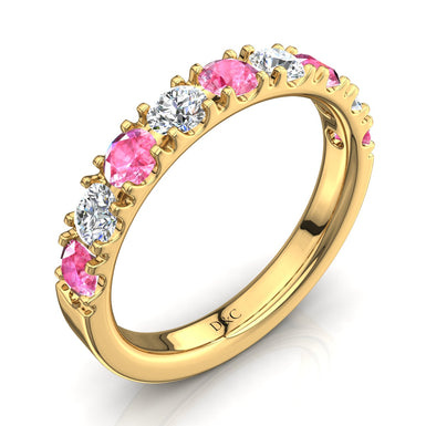 Mezza fede 9 zaffiri rosa tondi e diamanti tondi 0.45 carati Adelia A / SI / Oro giallo 18 carati
