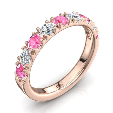 Mezza fede 9 zaffiri rosa tondi e diamanti tondi 0.45 carati Adelia A / SI / Oro rosa 18 carati