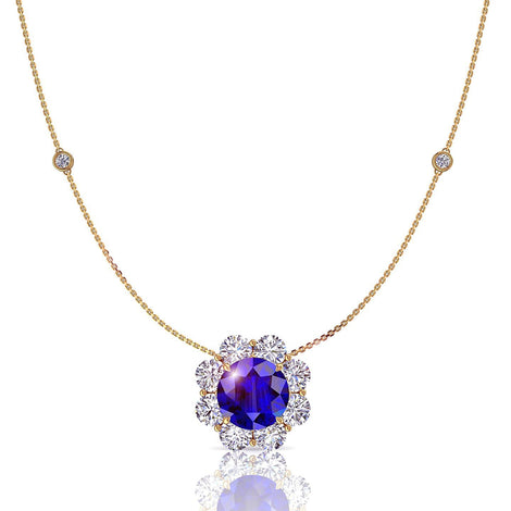 VictoriaS round sapphire and round diamonds pendant 2.00 carat VictoriaS round sapphire and round diamonds necklace DCGEMMES A SI 18 carat Yellow Gold
