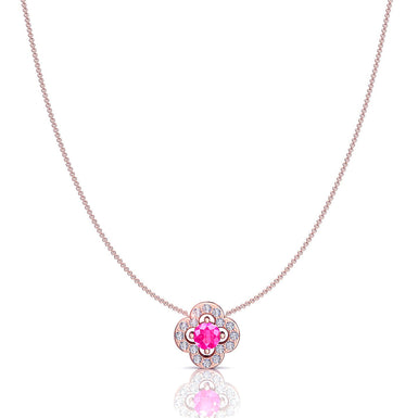 Pendente tondo in zaffiro rosa e diamanti tondi 0.35 carati Trifoglio Giulia A/SI/Oro Bianco 18k